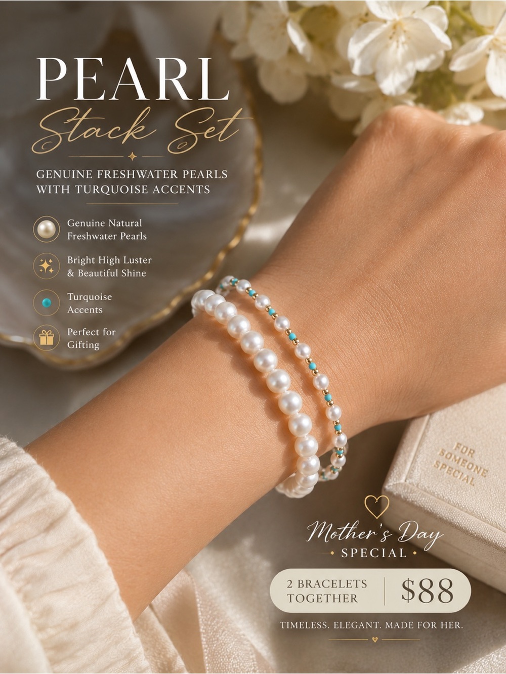 Genuine Freshwater Pearl Bracelet Stack  with Natural turquoise accents